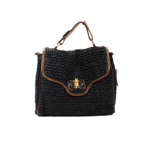 Straw Studios Womens Turn Lock Straw Flap Saddle Bag Handbag Black Brown